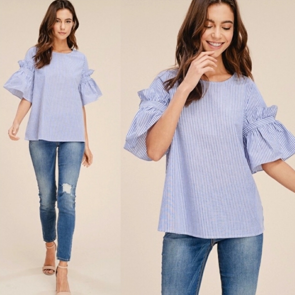 Woven Striped Top With Ruffles NWT